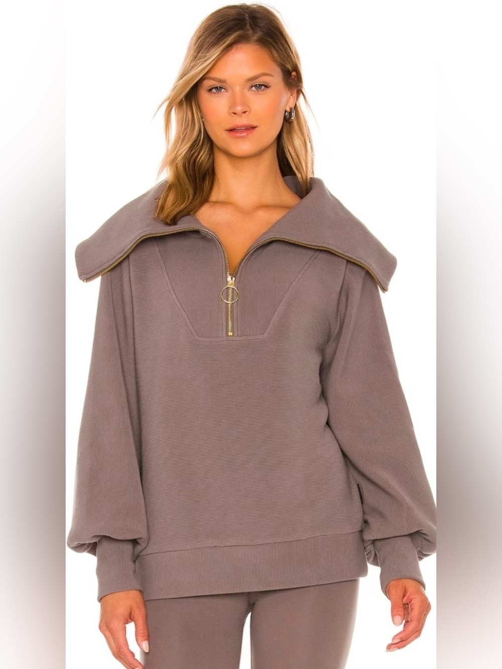Varley Vine Half Zip Pullover Taupe Ottoman Rib Oversized Sweatshirt Size XXS